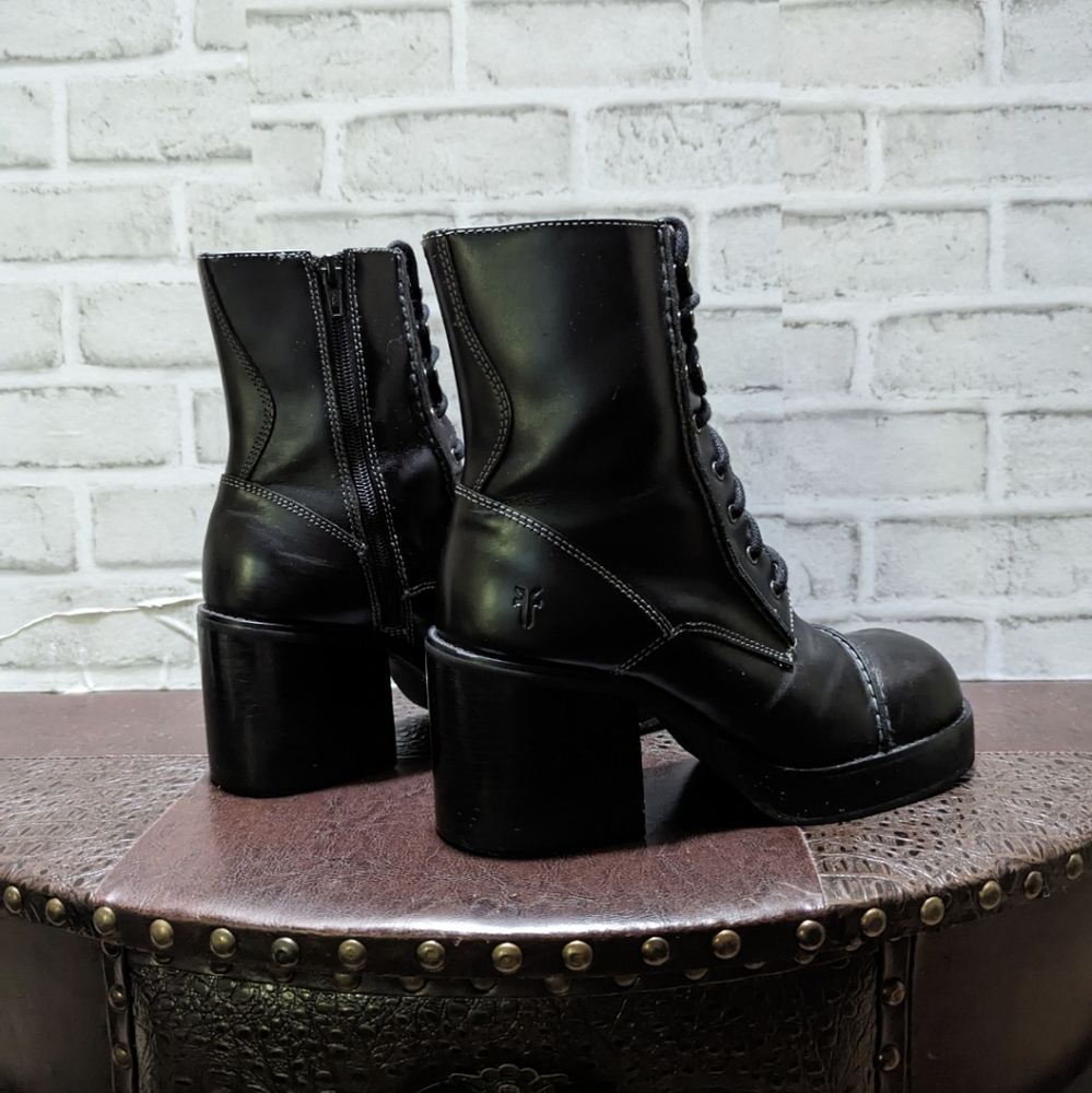 Frye Vintage Y2K Villager Boot Lace Up Zip Stitch 70's Chunky Heel Black Size 9 - Picture 7 of 16